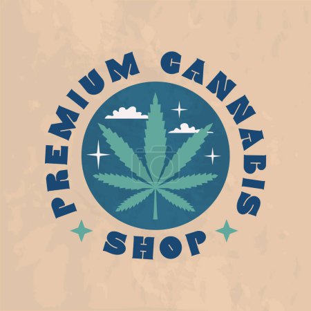 Illustration for Cannabis retro logo. Trendy 70s hipster design. Cannabis, Hemp, weed emblem. Print for T-shirt, typography. Vector illusrtation - Royalty Free Image