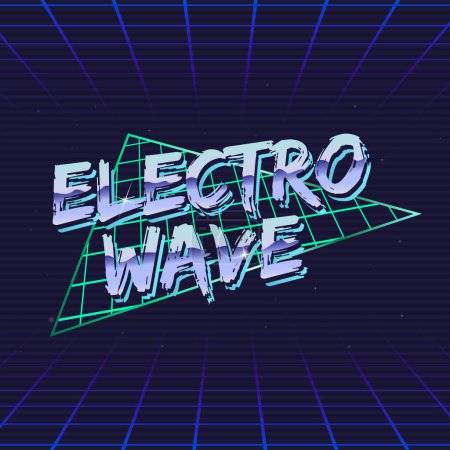 Illustration for Electro Wave retro futuristic logo. Electro music logo design. 80's style label with abstract triangle shape and laser grid on background. Vector Print for T-shirt, typography. - Royalty Free Image