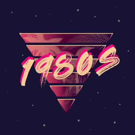 Illustration for 1980s retro neon logo. 80's logo design with Beach palm and abstract triangle. Vector Print for T-shirt, typography. - Royalty Free Image