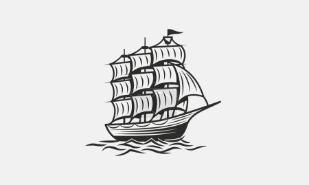 Illustration for Old Ship vintage silhouette. Pirate boat, Sail Ship illustration in trendy vintage hipster style. Nautical, Marine logo template. Vector illustration - Royalty Free Image
