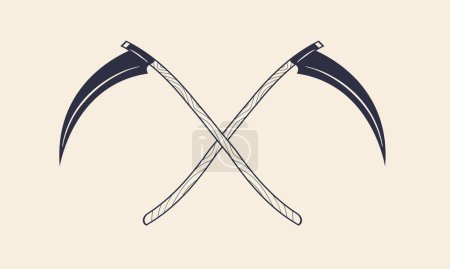 Illustration for Vintage Scythes silhouettes isolated on white background with grunge texture. Death Scythes. Vintage design elements for logo, badges, banners, labels. Vector illustration - Royalty Free Image