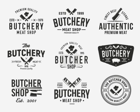 Illustration for Butcher, Meat shop logo set. Set of 9 meat logo templates for Steak House, Meat shop, butchery emblems. Meat business logo templates. Trendy vintage hipster design. Vector illustration - Royalty Free Image