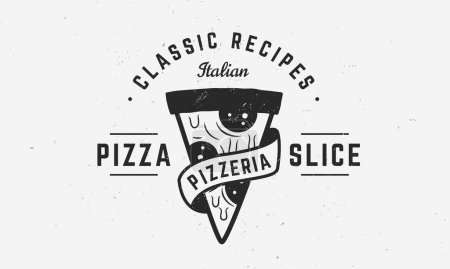 Ilustración de Logo de pizza. Logo de pizza vintage, póster con rebanada de pizza y pancarta de cinta. Plantilla de póster para restaurante, pizzería, panadería. Ilustración vectorial - Imagen libre de derechos