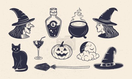Illustration for Vintage Witch icons set. Halloween elements. Witch head, broom, cauldron, potion, witch hat, pumpkin, moon and black cat isolated on white background. Vector illustration - Royalty Free Image