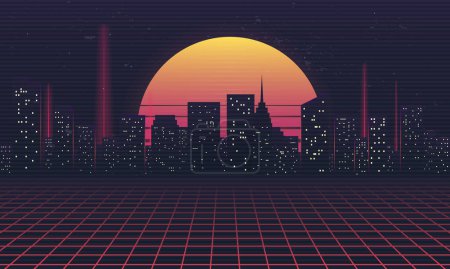 Illustration for Retro futuristic night city. Cityscape with neon lights, retro sun and laser grid. Cyberpunk concept. Vaporwave abstract background. Vector illustration - Royalty Free Image