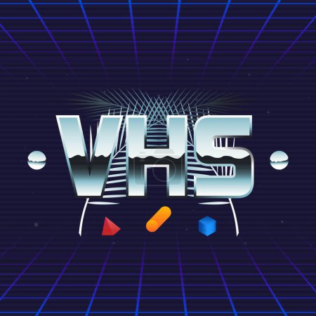 Illustration for VHS outrun logo design. Chrome logo with palm leaves. Trendy retro 1980s style. Print for t-shirt, tee, typography. Synthwave, vaporwave, retrowave. Vector illustration - Royalty Free Image