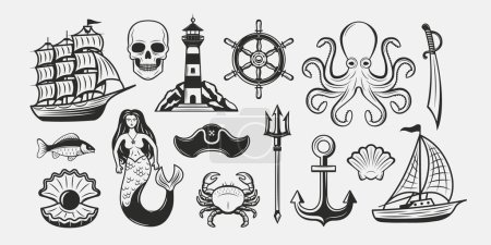 Illustration for Vintage Collection of 15 Marine elements. Nautical elements. Sea Ship, Sailboat, Lighthouse, mermaid, Octopus, Anchor, Shell pearl, Poseidon's trident. Vector template. - Royalty Free Image