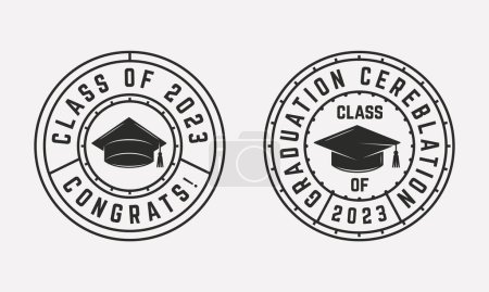 Ilustración de Insignias de graduación vintage, etiquetas. Conjunto de logotipo de graduación Circle con sombrero de graduado aislado sobre fondo blanco. Ilustración vectorial - Imagen libre de derechos