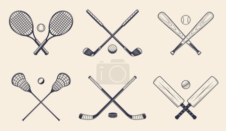 Illustration for Sport equipments set. Tennis rackets, Golf clubs, Baseball bats, Lacrosse sticks, Hockey cues, Cricket bats. Sport icons for logo, label, poster, emblem template. Vector illustration - Royalty Free Image