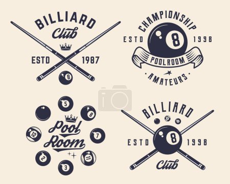 Illustration for Billiard, 8-ball logo set. 4 billiard related labels, badges, emblems. Billiard emblem, poster templates. Vector illustration - Royalty Free Image