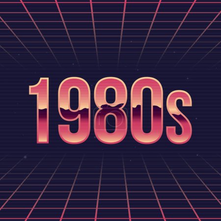 Illustration for 1980s logo. 80's style label with Chromium effect. Retro logo design. Retrowave print for t-shirt, typography. Vector illustration - Royalty Free Image