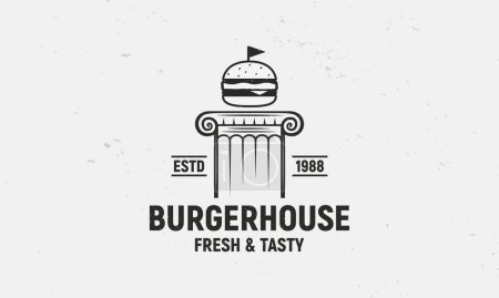Téléchargez les illustrations : Burger House - concept logo vintage. Logo de Delicious Burger. Barbecue, Grill and Bar avec ancienne colonne et hamburger. Modèle de logo BBQ. Texture grunge. Illustration vectorielle - en licence libre de droit