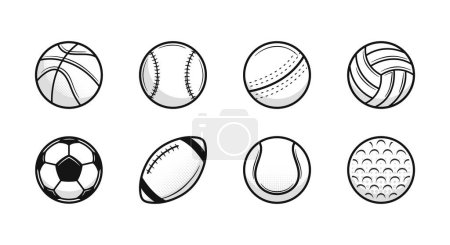 Ilustración de Set de 8 iconos de pelotas vintage Sport. Cricket, Béisbol, Fútbol Americano, Fútbol, Voleibol, Golf, Baloncesto, Tenis. Diseños de logotipo de moda. Ilustración vectorial. - Imagen libre de derechos