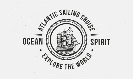 Illustration for Sailing Cruise logo. Vintage Sea Ship logo template. Marine trendy emblem with Sea Ship. Vector emblem template. - Royalty Free Image