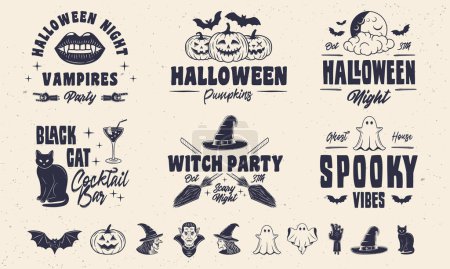 Téléchargez les illustrations : Modèles de logo vintage et 10 éléments de design pour le design d'Halloween. Halloween fantasmagoriques et drôles de modèles emblèmes. Chauve-souris, sorcière, citrouille, vampire, fantôme, main de zombie, icônes de chapeau de sorcière. - en licence libre de droit