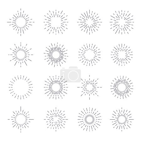 Illustration for Starburst, lightrays icons. 16 Vintage background elements. Sunburst, sunrise, fireworks isolated on white background. Retro line starburst for logo, label, badge. Vector illustration - Royalty Free Image