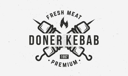 Téléchargez les illustrations : Logo vintage Doner Kebab, modèle d'affiche. Kebab, logo Shawarma avec brochette et feu isolé sur fond blanc. Affiche rétro pour barbecue, restaurant, grill, café kebab. Illustration vectorielle - en licence libre de droit