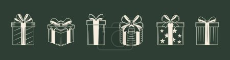 Téléchargez les illustrations : Ensemble de 6 icônes de boîte cadeau de Noël. Vintage boîtes cadeaux mignons isolés sur fond blanc. Eléments de design pour logo, badges, bannières, étiquettes, affiches. Illustration vectorielle - en licence libre de droit