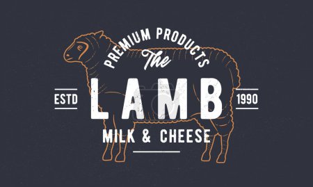 Illustration for Lamb logo. Grocery store, food store, restaurant poster. Vintage food packaging logo with sheep engraved silhouette. Craft grunge texture. Vector emblem template. - Royalty Free Image