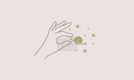 Ilustración de Icono mano. Mujer de línea simple mano con el planeta y las estrellas. Belleza, diseño de logotipo mágico. Ilustración vectorial - Imagen libre de derechos