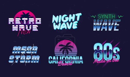 Illustration for Set of Retro 80s logos. Retrowave, Synthwave logo. Retro 80's logos set for Night club, music album, party invitation designs. Print for t-shirt, tee. 20 colorful neon logo designs. - Royalty Free Image