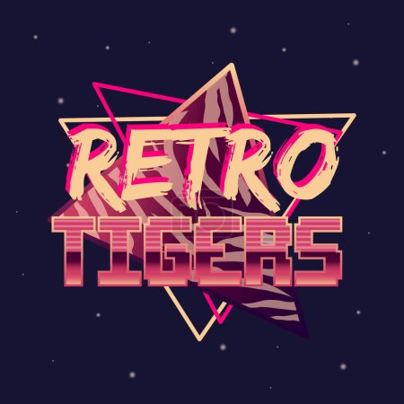 Illustration for Retro 80s logo, label, badge. Tigers pattern. Retro Tigers. Vector Print for T-shirt, typography. - Royalty Free Image