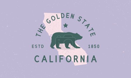 Illustration for California State logo, emblem, label. The Golden State. Print for T-shirt, typography. USA California vintage design. Vector illustration - Royalty Free Image