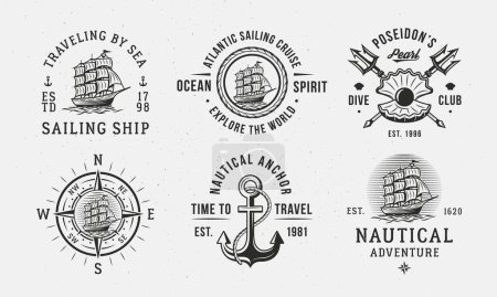 Illustration for Vintage hipster Nautical logo templates. Sailing, Sea Traveling, Dive Club emblems. Maritime emblems templates. Anchor, Sea Ship, Shell Pearl icons. Vector illustration - Royalty Free Image