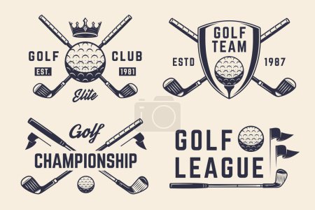 Téléchargez les illustrations : Ensemble de logo de golf. 4 étiquettes, badges, emblèmes liés au golf. Emblème du golf, gabarits d'affiches. Illustration vectorielle - en licence libre de droit