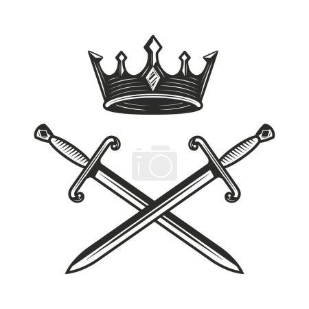 Téléchargez les illustrations : Roi, logo royal avec des rois couronne et des icônes épée. Logo vintage royal. Roi, logo modèle médiéval. Illustration vectorielle - en licence libre de droit