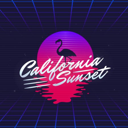 Ilustración de California Sunset logo de neón retro. Diseño del logo de los años 80 con silueta de flamenco. Plantilla de logotipo vectorial. - Imagen libre de derechos