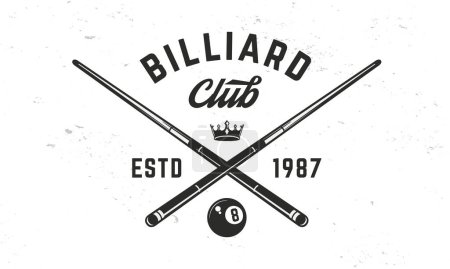 Illustration for Billiard club logo template. Billiard logo. crossed billiard cues with ball and crown isolated on white background. Vector emblem - Royalty Free Image