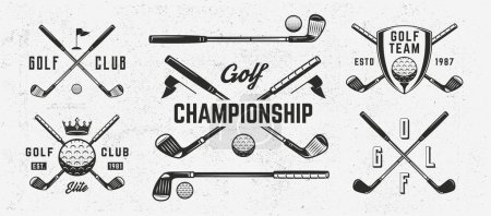 Ilustración de Logotipo de golf. 4 emblemas de golf con palos de golf e iconos de pelotas. Impresión para camiseta, tipografía. Emblema, plantillas de póster. Ilustración vectorial - Imagen libre de derechos