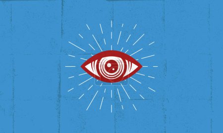 Illustration for Vintage eye icon. Eye icon with light rays isolated on a blue background. Abstract, Mystery poster design with grunge texture. Vector illustration - Royalty Free Image