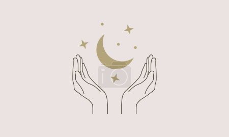 Ilustración de Icono de manos. Mujer línea simple manos con la luna y las estrellas. Belleza, diseño de logotipo mágico. Ilustración vectorial - Imagen libre de derechos