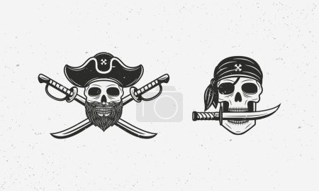 Ilustración de Plantilla de logotipo vintage Jolly Roger. Logo pirata con cráneo y espadas. Impresión para camiseta, tipografía. Emblema pirata aislado sobre fondo blanco. Ilustración vectorial - Imagen libre de derechos