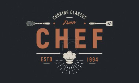 Illustration for Cooking vintage logo. Chef emblem. Cooking Class template logo with spatula and whisk. Modern design poster. Poster for food studio, cooking courses, culinary school. Vector illustration - Royalty Free Image