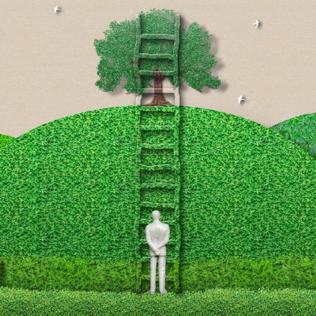 Photo for Challenge, personal and professional growth, decision making. Man in front of a ladder in a landscape making the decision to ascend or not. - Royalty Free Image