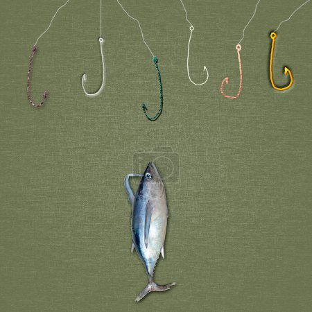 Photo for Elections, undecided voter, persuade voters, concept. Several hooks and fish thinking undecided which one to bite. - Royalty Free Image