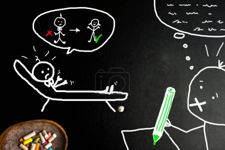Photo for Gender dysphoria, suffering of an adolescent asking for help and accompaniment, affirmative therapy. Stick man hand drawing on a blackboard. - Royalty Free Image