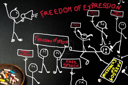 Photo for Political and affective social polarization concept, freedom expression, dichotomy of ideological labels, promotion of affective polarization of ideological blocks. Stick man hand drawn on blackboard. - Royalty Free Image