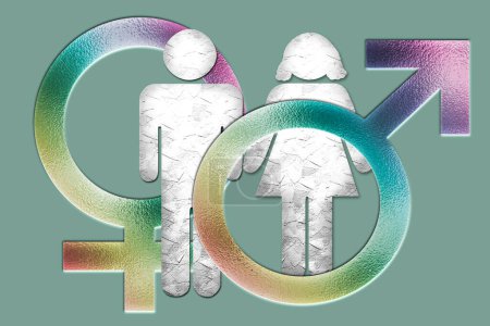 Geschlechteridentität, Dysphorie, Transgender, Konzept. Männlicher und weiblicher Körper und männliche und weibliche Symbole mit den Farben des Regenbogens.