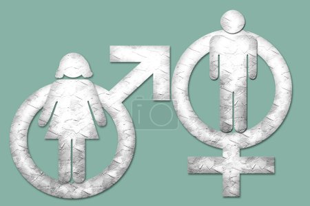Foto de Identidad de género, disforia, concepto transgénero. Cuerpos masculinos y femeninos y símbolo transgénero. - Imagen libre de derechos