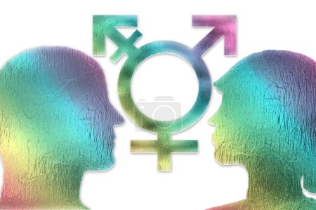 Photo for Gender identity, dysphoria, transgender concept. Male and female body and male and female symbols with the colors of the rainbow on white background. - Royalty Free Image