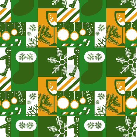 Photo for Green seamless pattern with christmas icons: christmas tree, glass of champagne, ginger man, balls, Christmas stocking, christmas candy. Bauhaus style background. - Royalty Free Image
