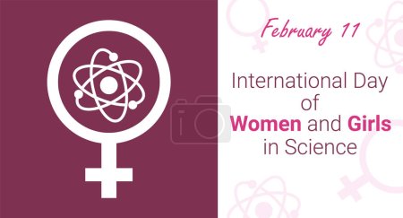Ilustración de "International Day of Women and Girls in Science" horizontal poster with atom sign inside female sign - Imagen libre de derechos
