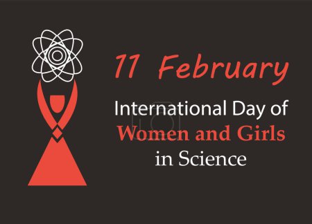 Téléchargez les illustrations : Affiche de la Journée internationale des femmes et des filles en science avec la silhouette féminine abstraite tenant le signe atome - en licence libre de droit