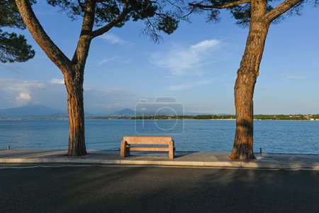Stunning view over the Garda lake, seen from Peschiera del Garda. There is a park bench between two big trees, where you can sit an enjoy the view. It is a beautiful summer evening