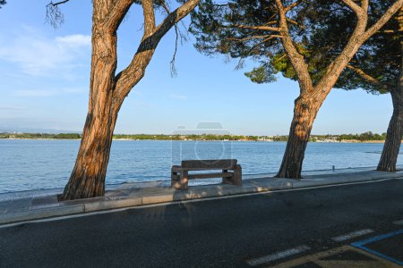 Stunning view over the Garda lake, seen from Peschiera del Garda. There is a park bench between two big trees, where you can sit an enjoy the view. It is a beautiful summer evening