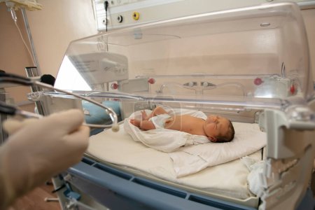Neonatology. A newborn in a special incubator for babies in a hospital.